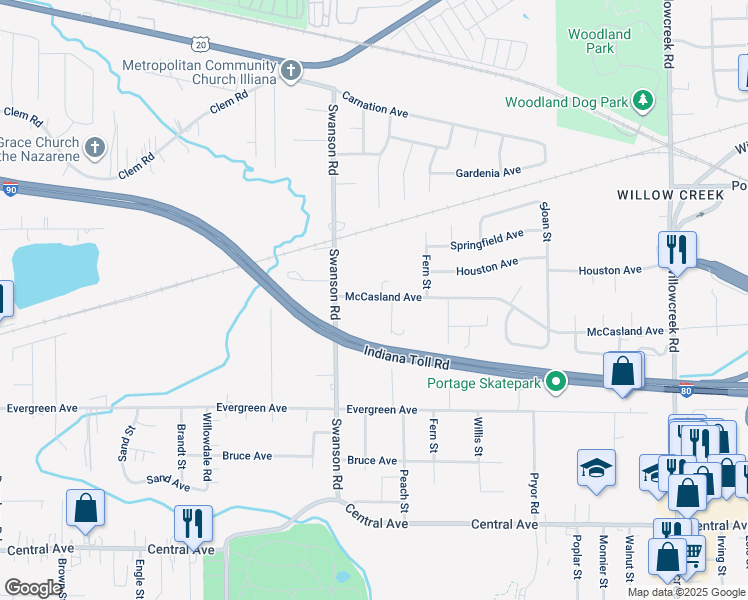 map of restaurants, bars, coffee shops, grocery stores, and more near 5663 McCasland Avenue in Portage