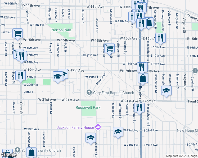 map of restaurants, bars, coffee shops, grocery stores, and more near 1944 Monroe Lane in Gary
