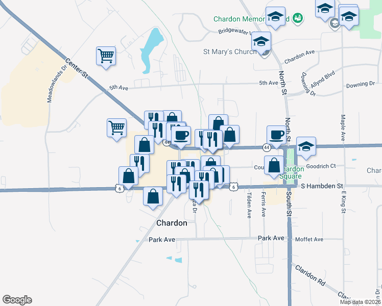 map of restaurants, bars, coffee shops, grocery stores, and more near 229 Center Street in Chardon