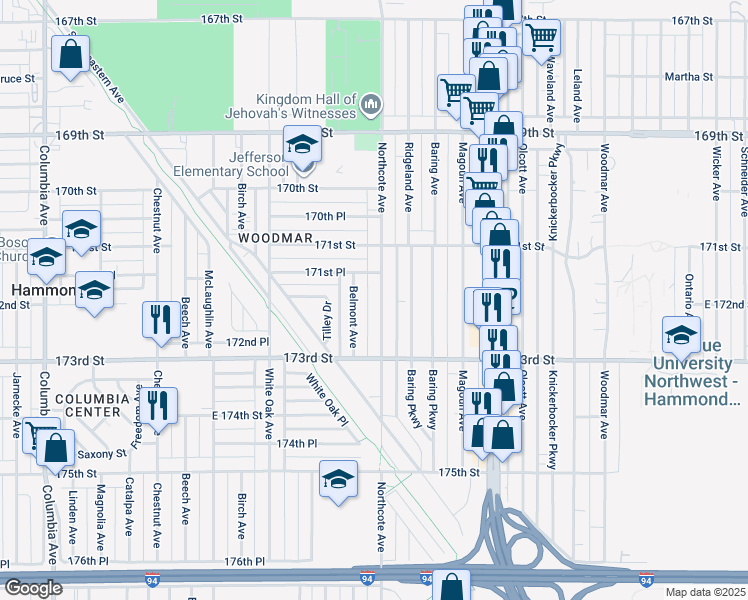 map of restaurants, bars, coffee shops, grocery stores, and more near 7152 Northcote Avenue in Hammond