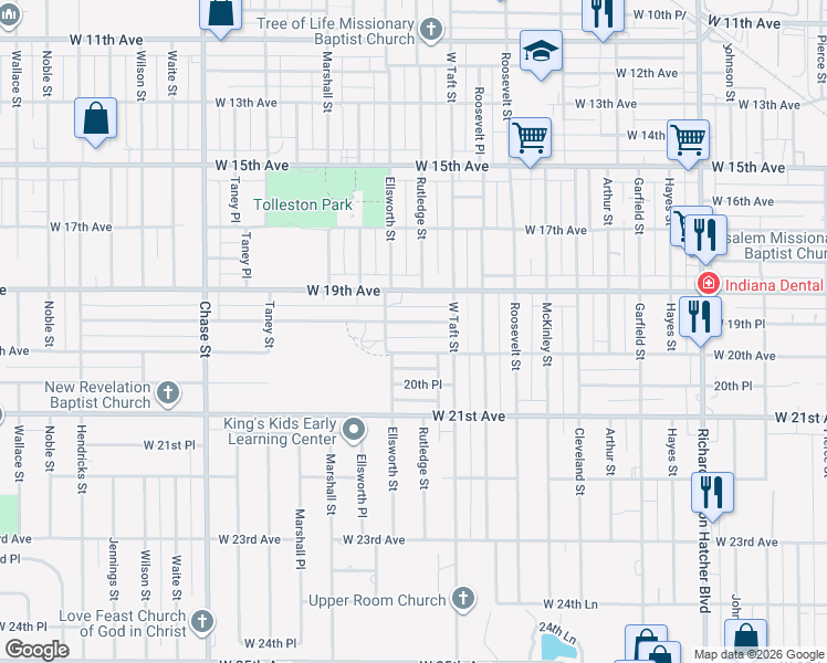map of restaurants, bars, coffee shops, grocery stores, and more near 2361 West 19th Place in Gary