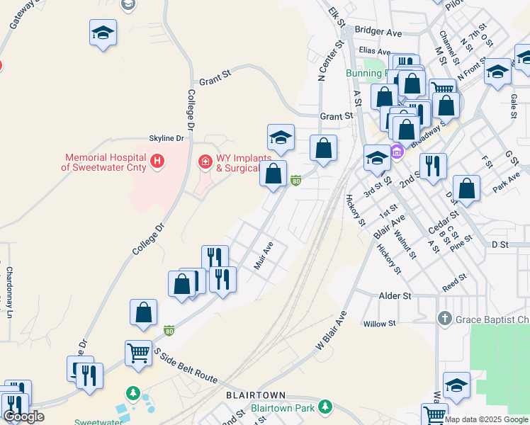 map of restaurants, bars, coffee shops, grocery stores, and more near 702 Interstate 80 Business Loop in Rock Springs