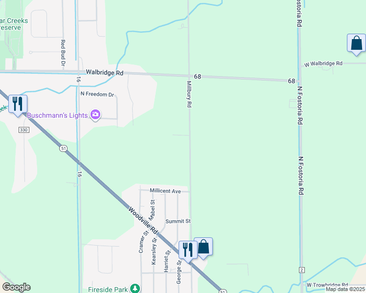 map of restaurants, bars, coffee shops, grocery stores, and more near 29693 Millbury Rd in Millbury