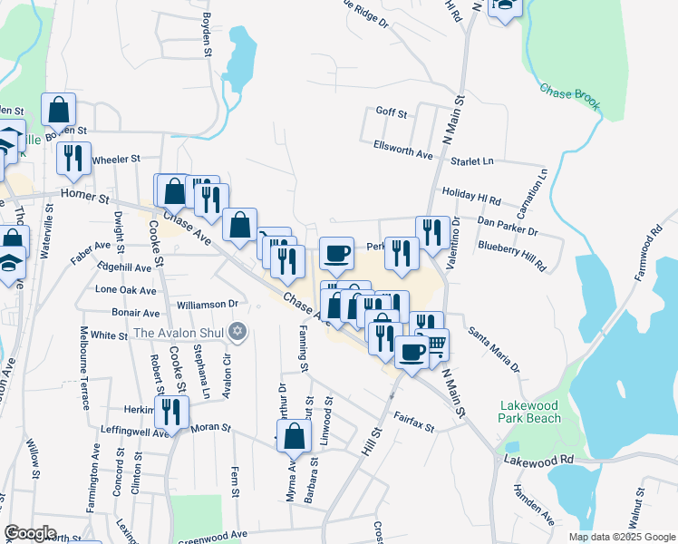 map of restaurants, bars, coffee shops, grocery stores, and more near 300 Chase Avenue in Waterbury