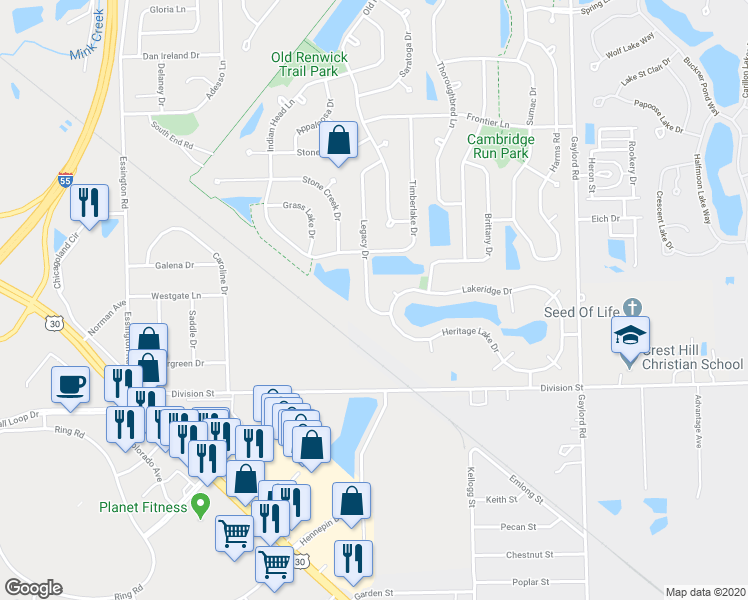 map of restaurants, bars, coffee shops, grocery stores, and more near 3354 Legacy Drive in Lockport