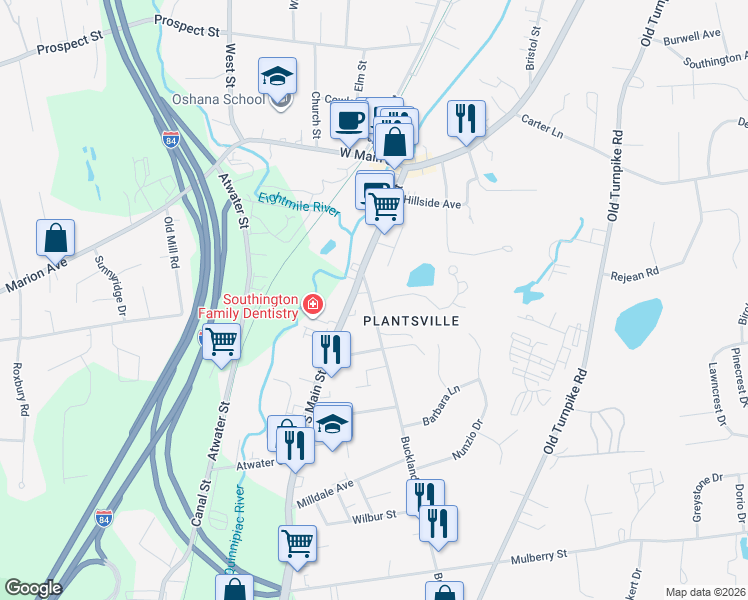 map of restaurants, bars, coffee shops, grocery stores, and more near 36 Buckland Street in Southington
