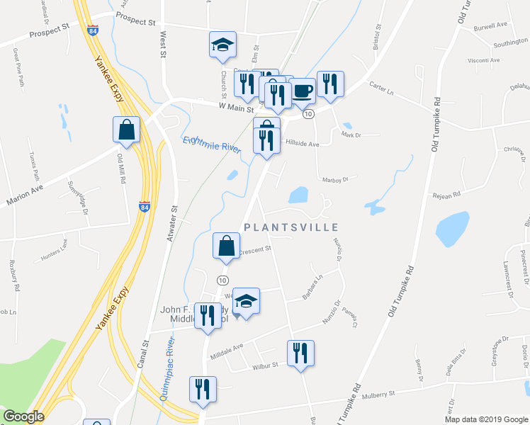 map of restaurants, bars, coffee shops, grocery stores, and more near 36 Buckland Street in Southington