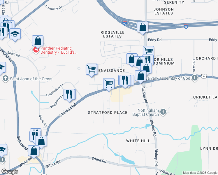 map of restaurants, bars, coffee shops, grocery stores, and more near 27505 Chardon Road in Willoughby Hills