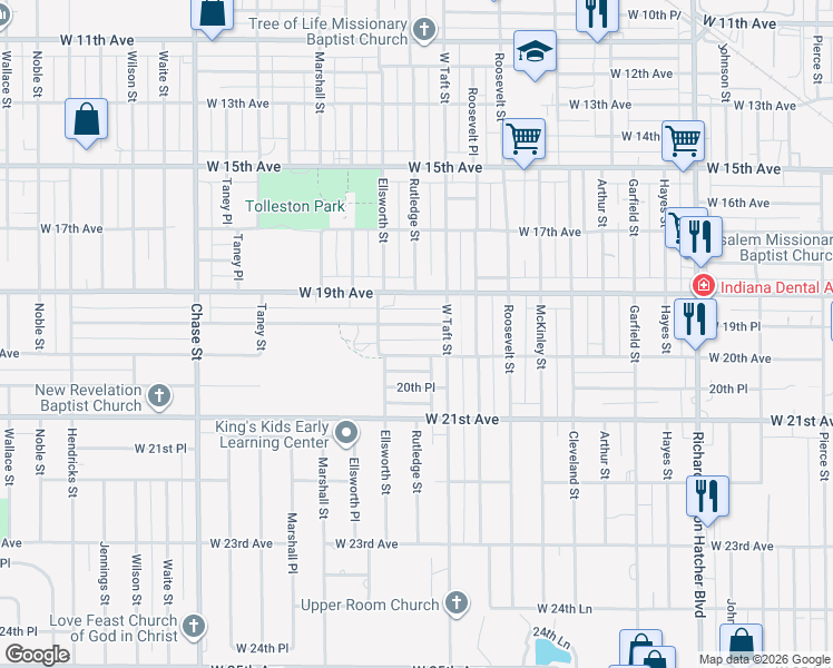 map of restaurants, bars, coffee shops, grocery stores, and more near 2361 West 19th Place in Gary