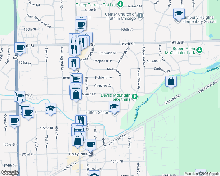 map of restaurants, bars, coffee shops, grocery stores, and more near 6549 Glenview Drive in Tinley Park