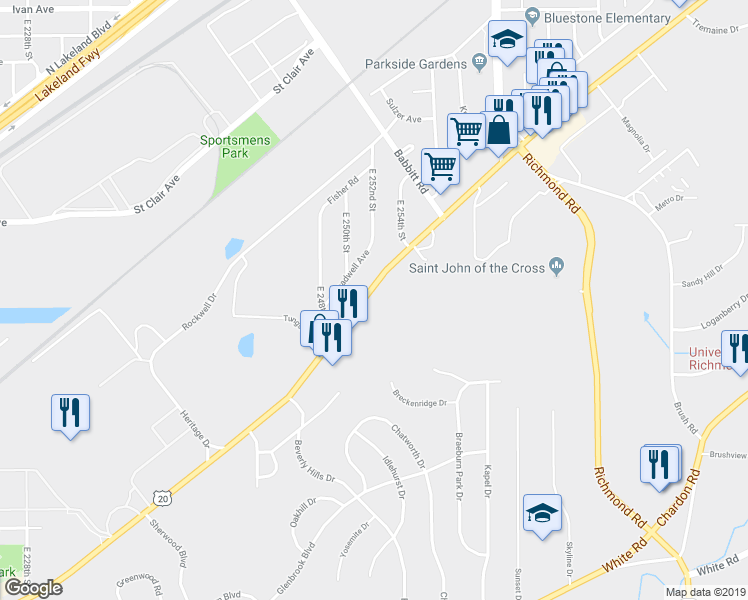 map of restaurants, bars, coffee shops, grocery stores, and more near 25100 U.S. 20 in Euclid