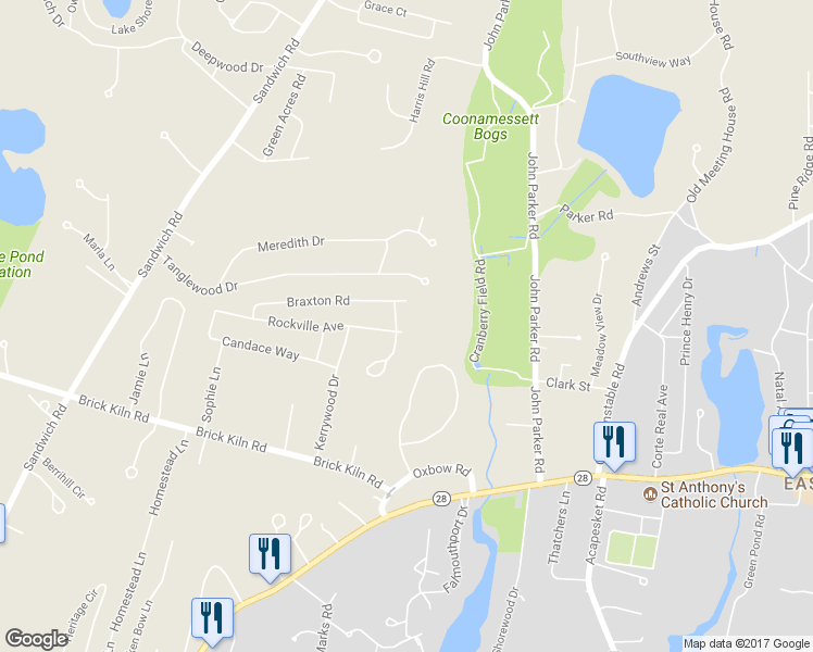 map of restaurants, bars, coffee shops, grocery stores, and more near 100 Rockville Avenue in Falmouth