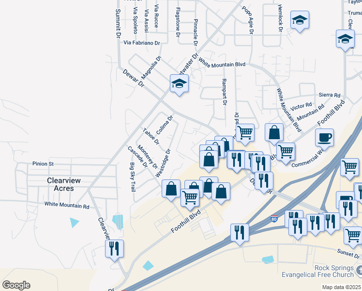 map of restaurants, bars, coffee shops, grocery stores, and more near 3210 Dewar Drive in Rock Springs