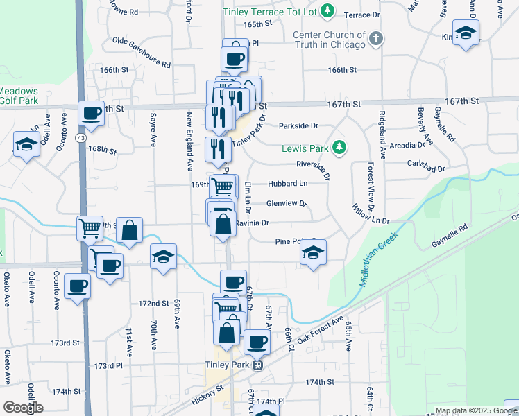 map of restaurants, bars, coffee shops, grocery stores, and more near 6667 Glenview Drive in Tinley Park