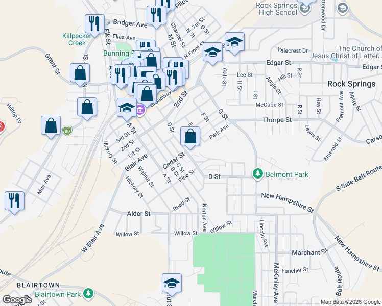 map of restaurants, bars, coffee shops, grocery stores, and more near 505 D Street in Rock Springs