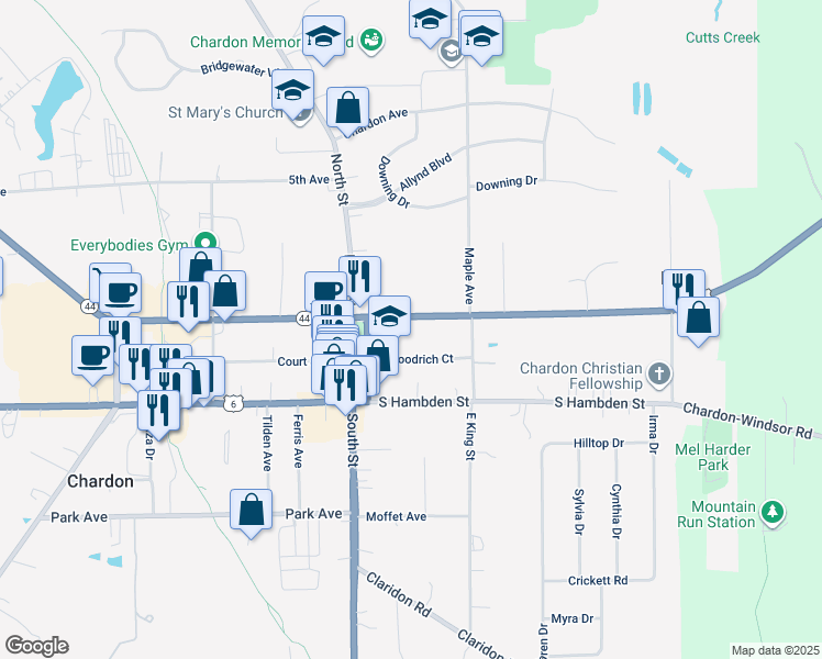 map of restaurants, bars, coffee shops, grocery stores, and more near 216 North Hambden Street in Chardon