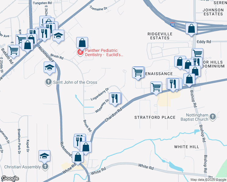 map of restaurants, bars, coffee shops, grocery stores, and more near in Richmond Heights