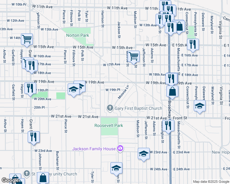 map of restaurants, bars, coffee shops, grocery stores, and more near 625 West 19th Place in Gary