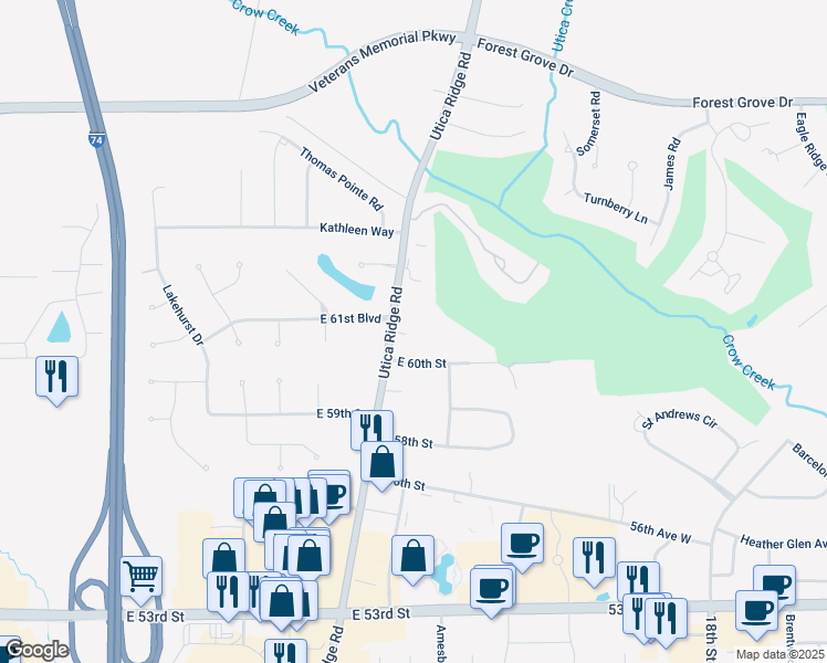 map of restaurants, bars, coffee shops, grocery stores, and more near 14 E 61st Ct in Davenport