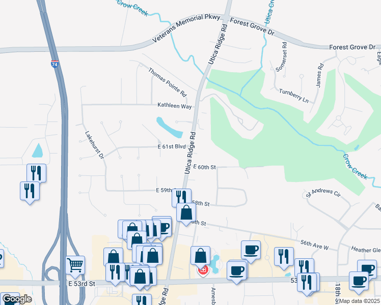 map of restaurants, bars, coffee shops, grocery stores, and more near 2 East 61st Court in Davenport