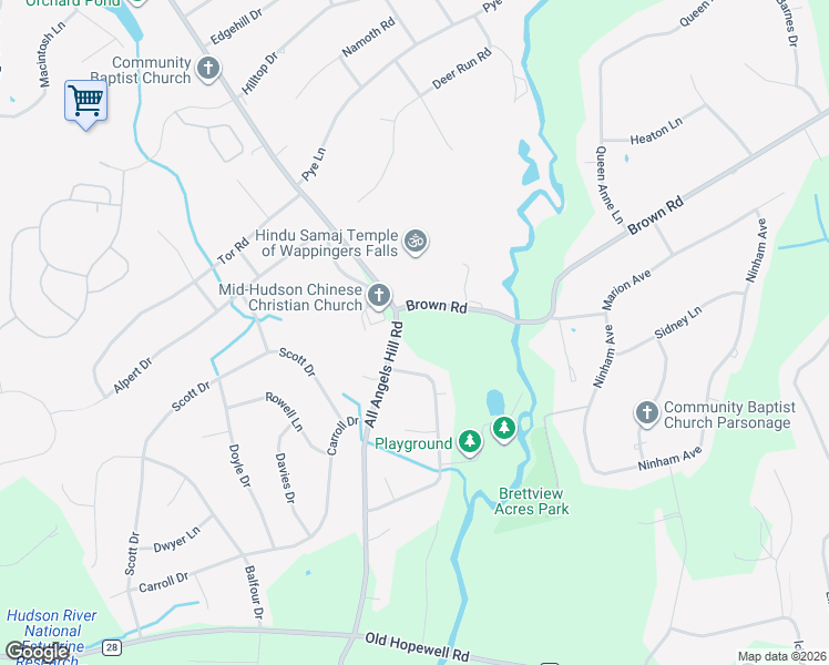 map of restaurants, bars, coffee shops, grocery stores, and more near 2 Brown Road in Wappingers Falls