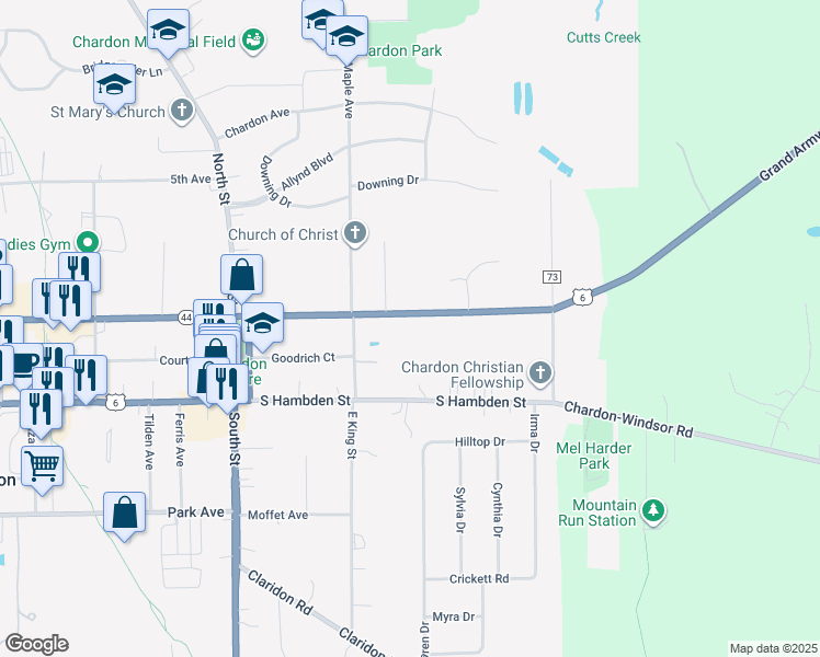 map of restaurants, bars, coffee shops, grocery stores, and more near 408 North Hambden Street in Chardon