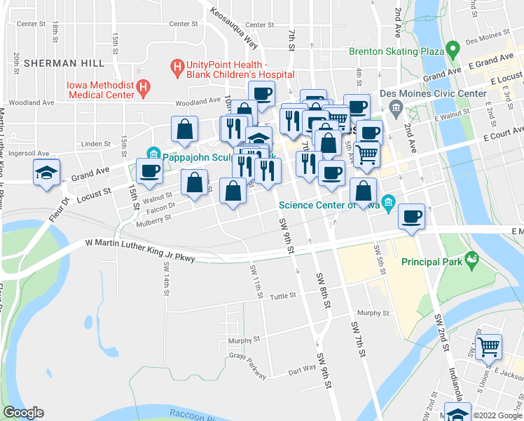 map of restaurants, bars, coffee shops, grocery stores, and more near 22 9th Street in Des Moines