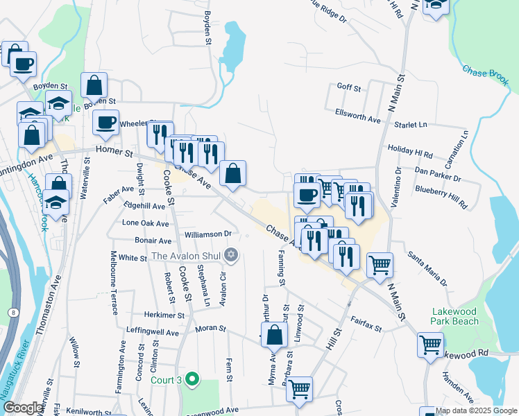 map of restaurants, bars, coffee shops, grocery stores, and more near 396 Chase Avenue in Waterbury