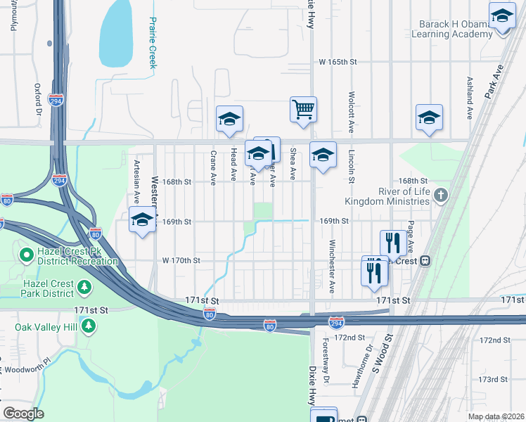 map of restaurants, bars, coffee shops, grocery stores, and more near 16829 Trapet Avenue in Hazel Crest