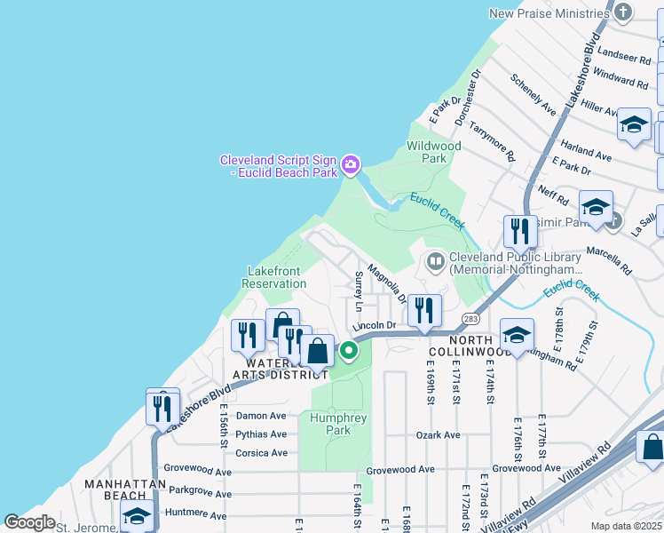 map of restaurants, bars, coffee shops, grocery stores, and more near 30 Cumberland Avenue in Cleveland