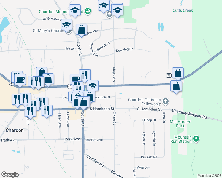 map of restaurants, bars, coffee shops, grocery stores, and more near 234 North Hambden Street in Chardon
