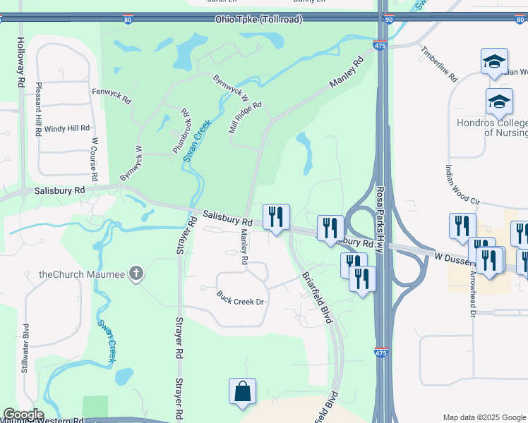map of restaurants, bars, coffee shops, grocery stores, and more near 3141 Manley Road in Maumee