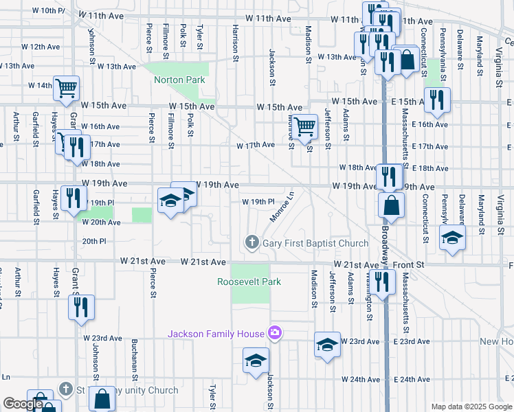 map of restaurants, bars, coffee shops, grocery stores, and more near 625 West 19th Place in Gary