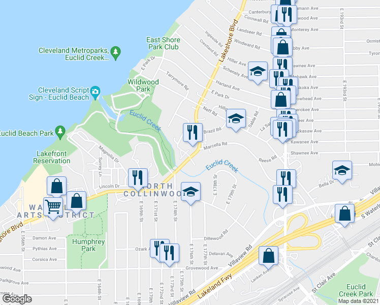 map of restaurants, bars, coffee shops, grocery stores, and more near 17622 Wildwood Lane in Cleveland