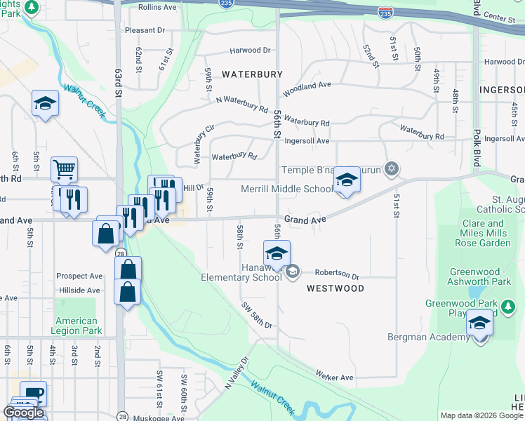 map of restaurants, bars, coffee shops, grocery stores, and more near 5617 Grand Avenue in Des Moines