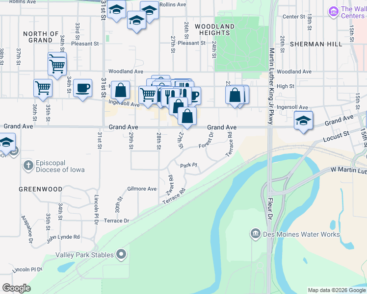 map of restaurants, bars, coffee shops, grocery stores, and more near 2607 Forest Drive in Des Moines