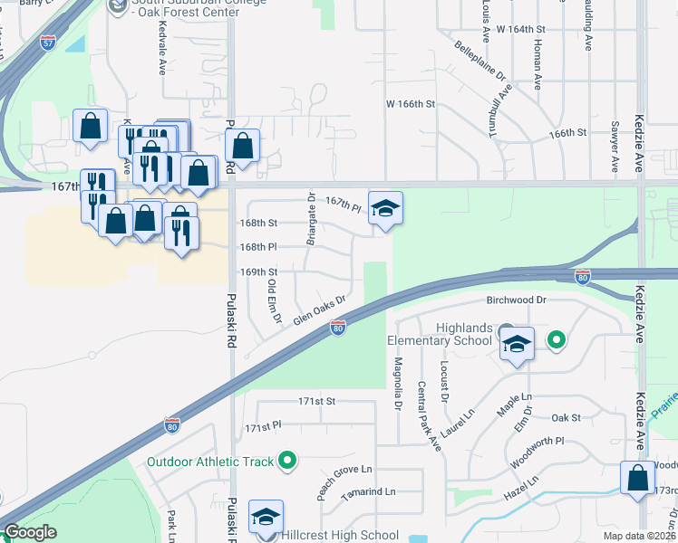 map of restaurants, bars, coffee shops, grocery stores, and more near 3807 169th Street in Country Club Hills