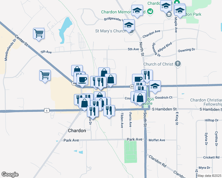 map of restaurants, bars, coffee shops, grocery stores, and more near 153 Center Street in Chardon