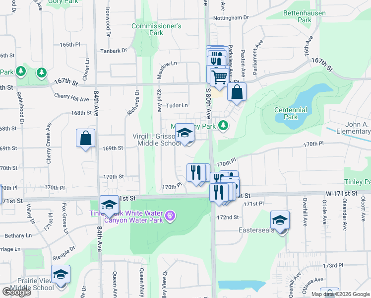 map of restaurants, bars, coffee shops, grocery stores, and more near 17000 80th Avenue in Tinley Park