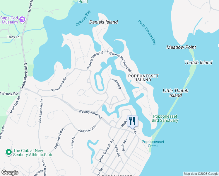 map of restaurants, bars, coffee shops, grocery stores, and more near 105 Waterway in Mashpee