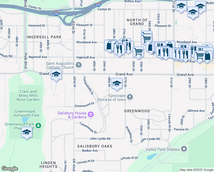 map of restaurants, bars, coffee shops, grocery stores, and more near 400 38th Place in Des Moines
