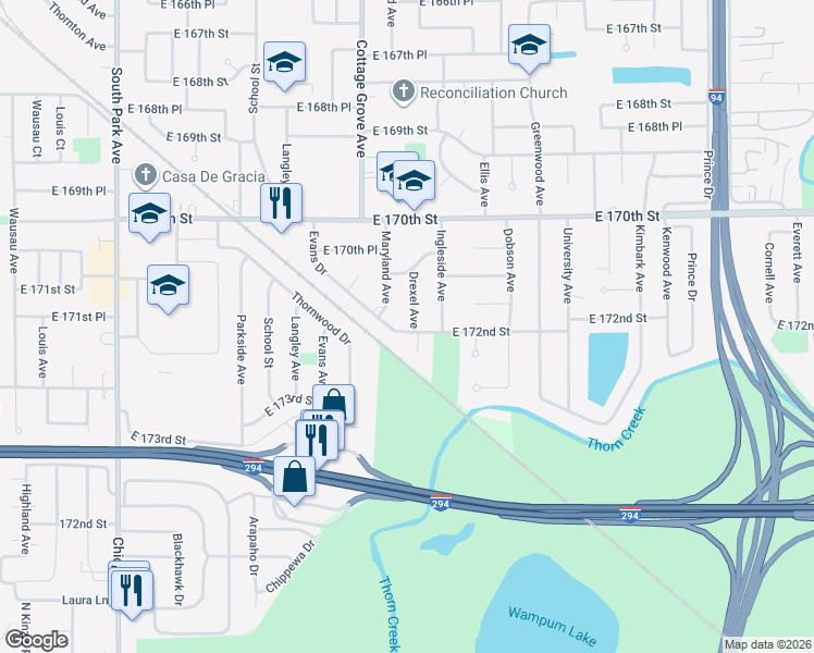 map of restaurants, bars, coffee shops, grocery stores, and more near 848 East 172nd Street in South Holland