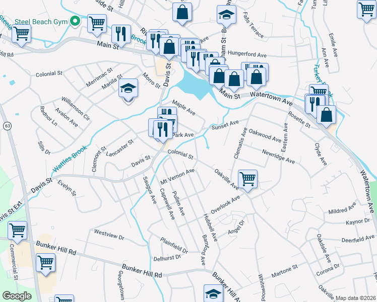 map of restaurants, bars, coffee shops, grocery stores, and more near 56 Colonial Street in Watertown