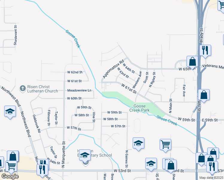 map of restaurants, bars, coffee shops, grocery stores, and more near 713 West 61st Street in Davenport