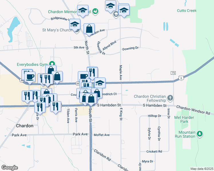 map of restaurants, bars, coffee shops, grocery stores, and more near 216 North Hambden Street in Chardon