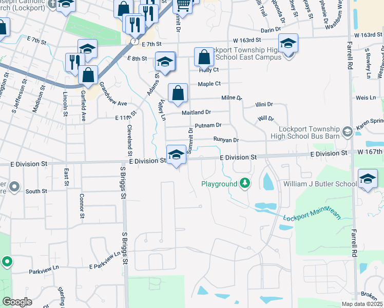 map of restaurants, bars, coffee shops, grocery stores, and more near 1106 Summit Drive in Lockport