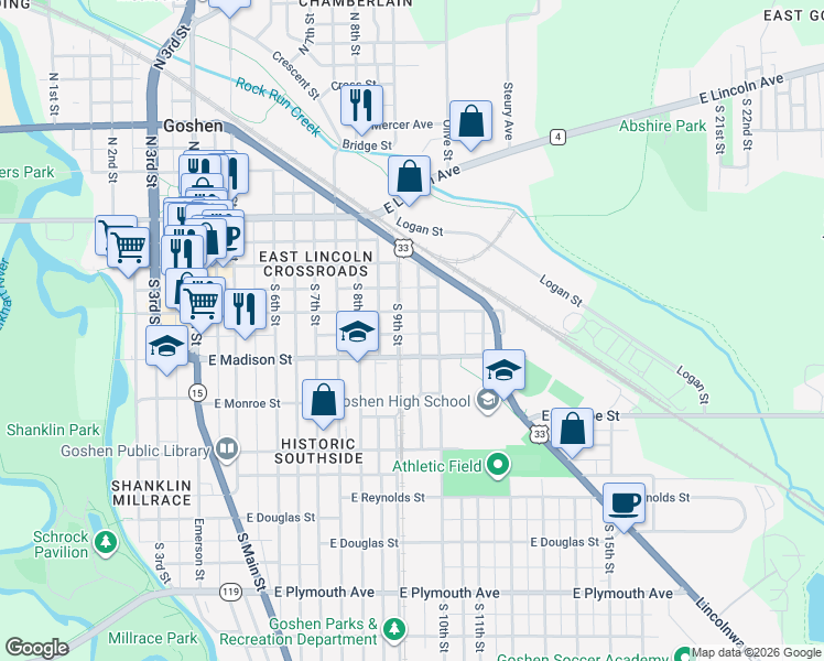 map of restaurants, bars, coffee shops, grocery stores, and more near 313 South 10th Street in Goshen