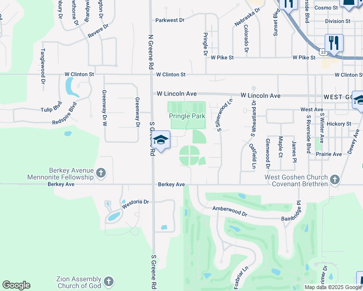 map of restaurants, bars, coffee shops, grocery stores, and more near 412 South Greene Road in Goshen
