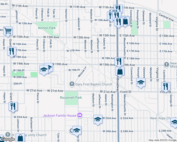 map of restaurants, bars, coffee shops, grocery stores, and more near 1954 Madison Lane in Gary