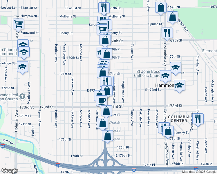 map of restaurants, bars, coffee shops, grocery stores, and more near 7201 Calumet Avenue in Hammond